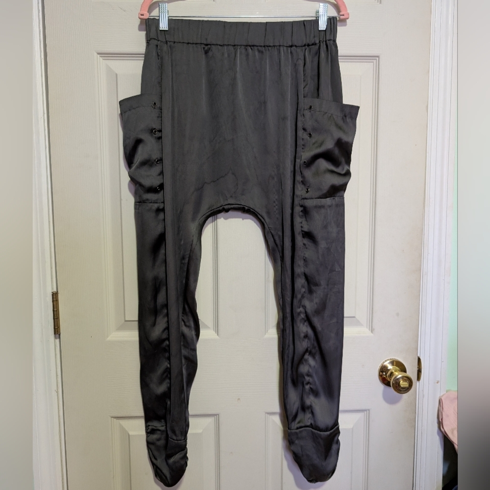 Millou Gray Satin Harem Pants XS 100% Silk Sporty Y2K